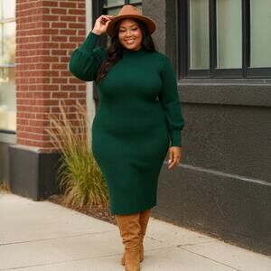 A515 • Hunter Green Puff Sleeve Ribbed Sweater Midi Dress